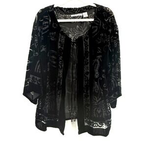 Vtg Birch Hill Women SZ L KIMONO Duster Black Velvet Burnout Sheer Floral Beaded